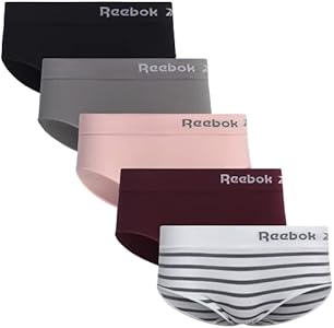 Reebok Women's Hipster Panties - 5 Pack Breathable Stretch Performance Hipster Briefs - Seamless Underwear for Women (S-XL), Size Large, Black/Heather Grey/Pink/Burgundy/White-grey Stripe Reebok