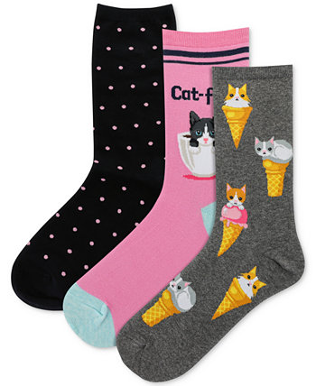 Women's 3-Pk. Assorted Cats Crew Socks Hot Sox