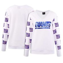 Women's Cuce White New York Giants Sequin Fleece V-Neck T-Shirt Cuce