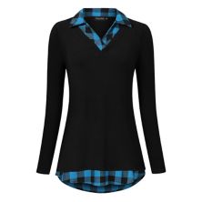 Women's Long Sleeve Contrast Collared Shirts Patchwork Work Blouse Tunics Tops Glorystar