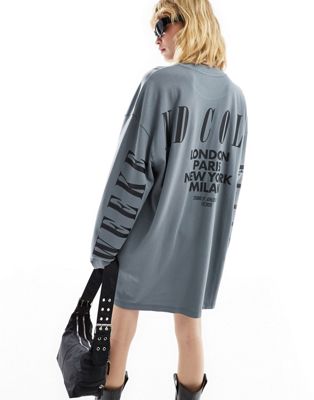 ASOS Weekend Collective oversized long sleeve T-shirt dress with back logo in charcoal wash ASOS Weekend Collective