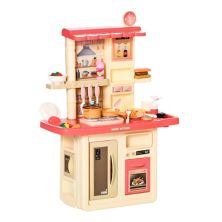 Qaba Kids Kitchen Play Set Role Play Cooking Toy Educational Pretend Playset Game w/ Water Circulation Spray Music Sound Light 360 degree Rotation Faucet for 3 6 Years Old Beige Pink Qaba