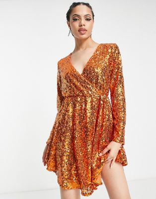 Collective the Label exclusive sequin wrap mini dress in orange Collective The Label