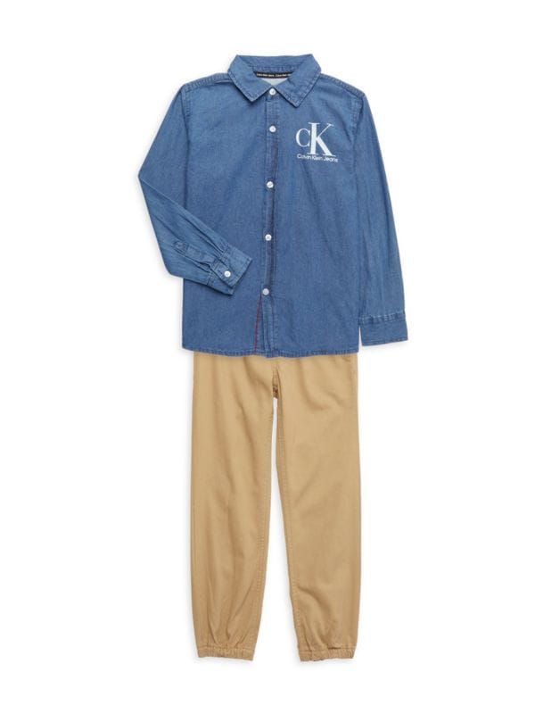 Комплект из двух предметов: рубашка из шамбре и джоггеры с логотипом для маленького мальчика Calvin Klein