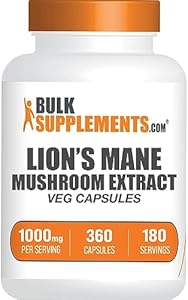 BulkSupplements.com Lion's Mane Mushroom Capsules - Lions Mane Supplement Capsules, Lion's Mane Capsules - Lion's Mane Extract, 2 Capsules per Serving, 360 Veg Capsules (Pack of 1) BulkSupplements