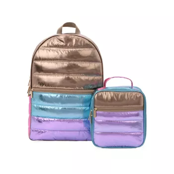 Детский рюкзак-пуховик с цветными блоками цвета металлик и усилитель; Ланч-бокс IScream