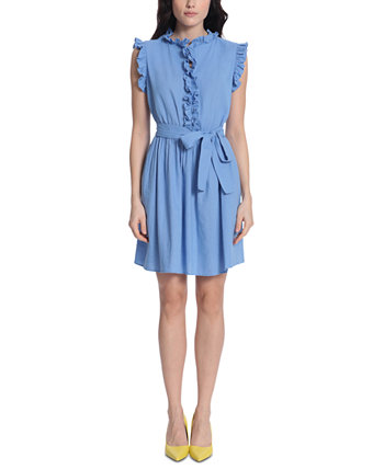 Ruffled-Front Flutter-Sleeve Tie-Waist Mini Dress Donna Morgan