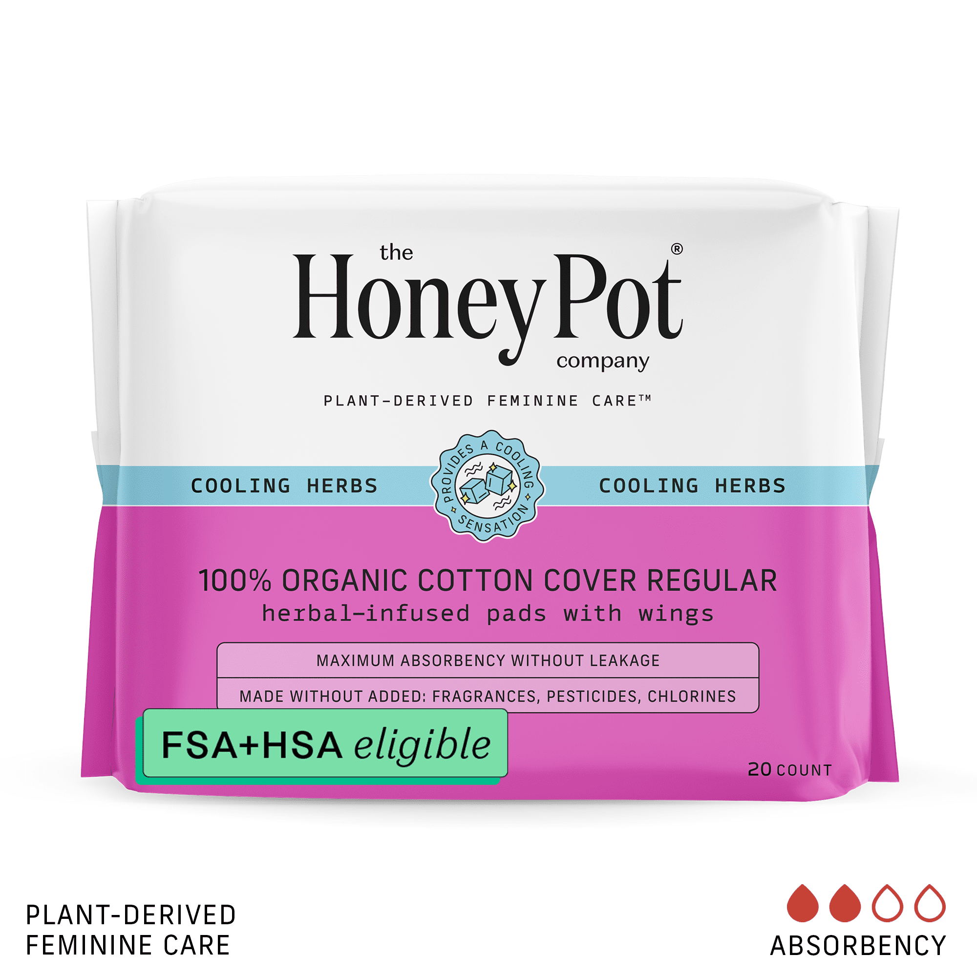 The Honey Pot Company, Herbal Regular Pads with Wings, Organic Cotton Cover, 20 ct. The Honey Pot Company