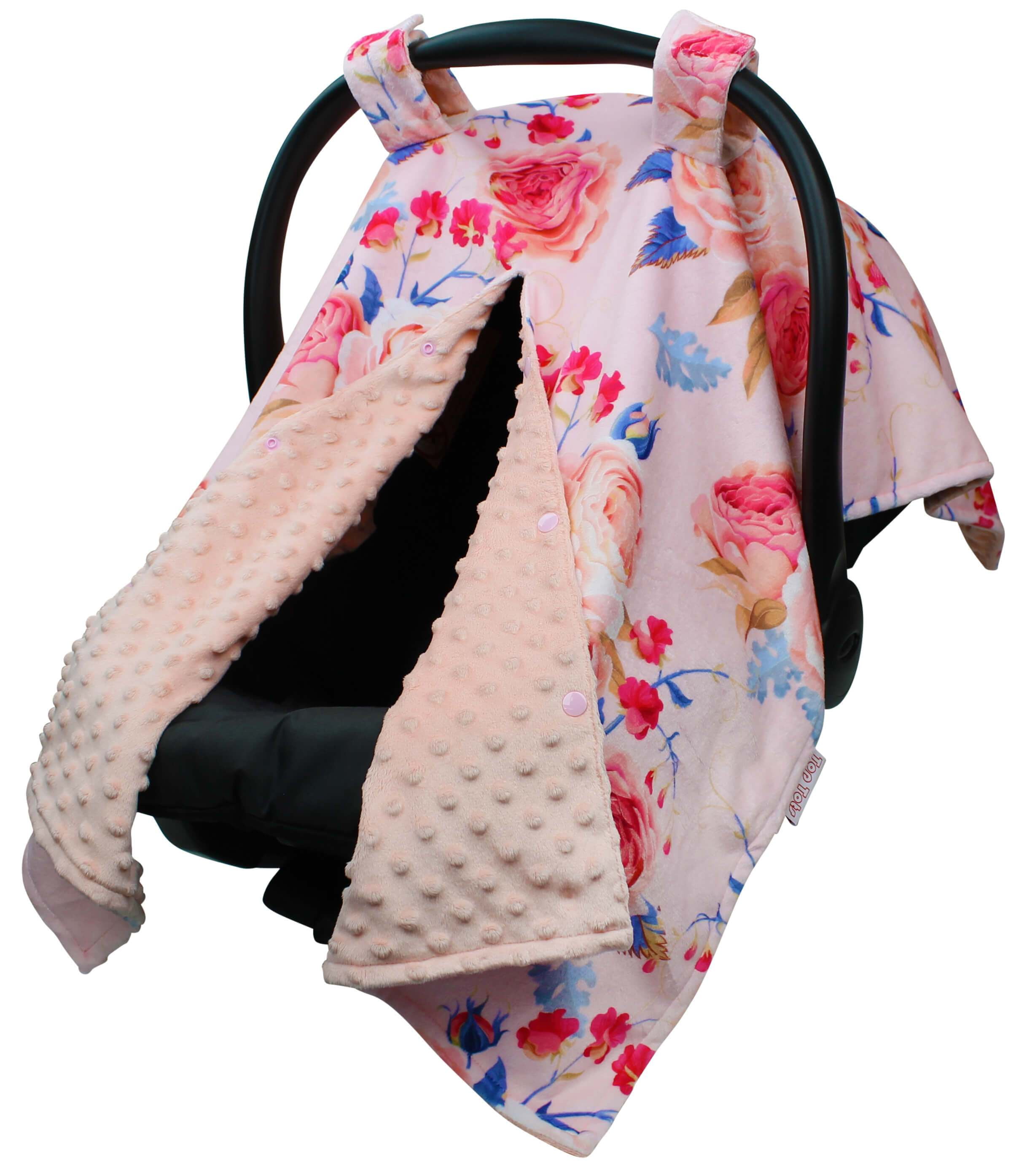 Top Tots Deluxe Minky Car Seat Canopy for Baby Boy or Girl, Pink Roses Top Tots