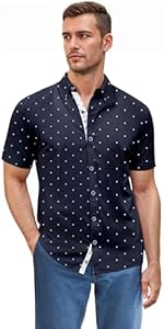 ETHANOL Mens Slim Fit Short Sleeve Button Down Polo Tech Stretch Printed Shirt ETHANOL