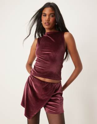 Miss Selfridge wrap over velvet skort in burgundy Miss Selfridge