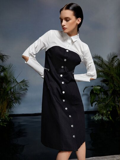 SHEIN X Stella Chan Платье-рубашка контрастный рваный рукава на пуговицах SHEIN