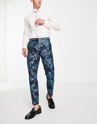 Twisted Tailor owsley suit pants in black with teal and mint floral jacquard Twisted Tailor