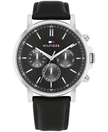 Мужские многофункциональные черные кожаные часы 43 мм Tommy Hilfiger