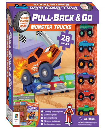 Pull Back And Go Monster Trucks 28 предметов напольная головоломка игровой коврик раскраска и книга для занятий 6 Pull And Go Cars Activity Set для детей Hinkler