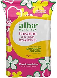 Alba Botanica Hawaiian 3 In 1 Clean Towelettes Deep Pore Purifying Enzyme, Pineapple, 25 Count (Packaging May Vary) Alba Botanica