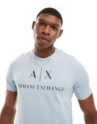 Голубая узкая футболка с логотипом на груди Armani Exchange AX ARMANI EXCHANGE