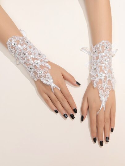 Свадебные перчатки со стразами кружевом SHEIN