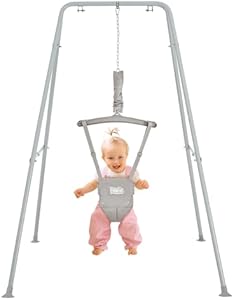 FUNLIO Baby Jumper with Stand for 6-24 Months, Infant Jumper for Indoor/Outdoor Play, Toddler Jumper for Baby Girl/Boy, with Adjustable Chain, Easy to Assemble & Store (with Stand) - Grey Funlio