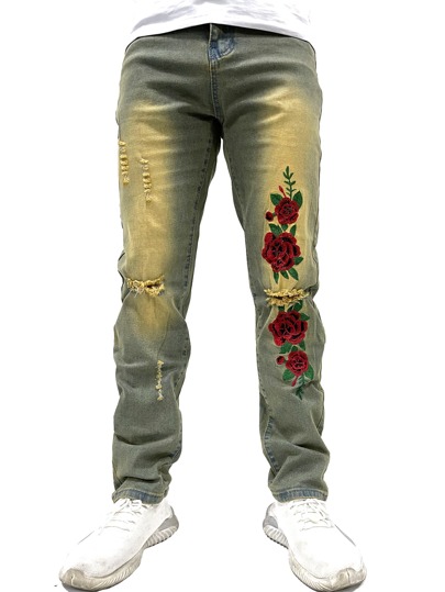 ROMWE для мужчины Рваные джинсы с цветочной вышивкой ROMWE