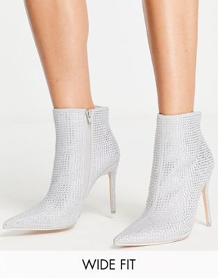 Public Desire Wide Fit Verona ruched rhinestone heeled ankle boots in silver  Public Desire Wide Fit