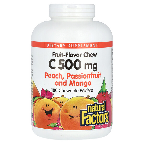 Витамин С, жевательные таблетки, фруктовый вкус, персик, пассифлора и манго, 500 мг, 180 жевательных таблеток - Natural Factors Natural Factors