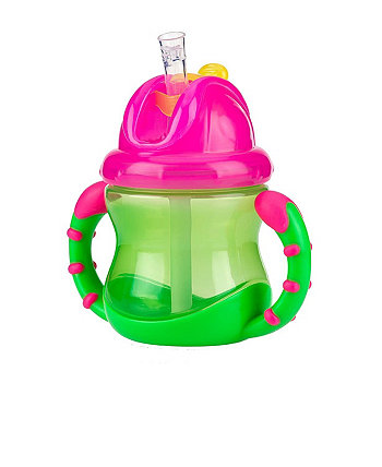 Two-Handle Flip N' Sip Straw Cup, 8 Ounce, Green with Pink NUBY