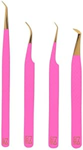 M LASH Tweezers for Eyelash Extensions (Set of 4) - Professional Lash Extension Tweezers - Fiber Tip, Japanese Steel, Diamond Grip Eyelash Extension Tweezer (Black) M