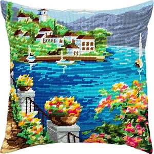 Brvsk Landscape Embroidery Kit for Adults and Beginners — Corfu 16″ × 16″ with Clear, Precise Printed Design on Cotton Canvas; Includes 2 Needles, Yarn, and Easy-Read Chart Brvsk