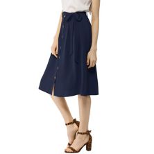 Women's Button Front Elastic High Waist Belted Knee Length Skirt ALLEGRA K