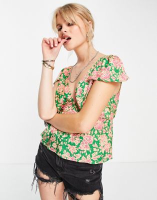 Жаккардовый топ Topshop в винтажном стиле с цветочным принтом розового и зеленого цвета TOPSHOP