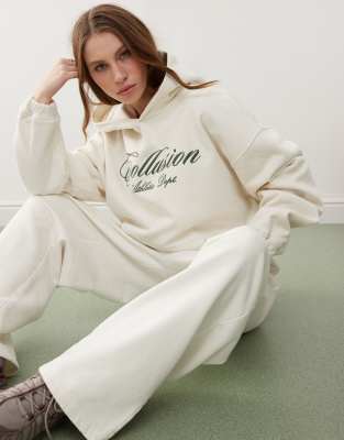 COLLUSION relaxed washed embroidery hoodie in ecru Collusion