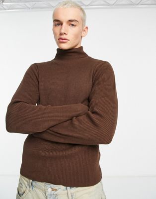 Шоколадно-коричневый вязаный свитер в рубчик с высоким воротником COLLUSION Collusion