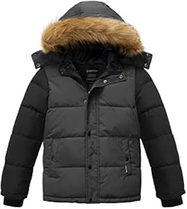 wantdo Boys' Winter Coat Warm Puffer Coat Waterproof Winter Jacket with Faux Fur Hood Wantdo