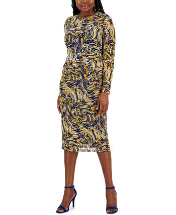 Women's Printed Side-Pleated Long-Sleeve Dress Kasper