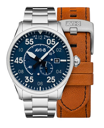 Мужские часы Spitfire с серебристым сплошным браслетом из нержавеющей стали и коричневым ремешком из натуральной кожи, 42 мм AVI-8