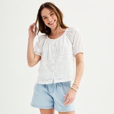 Women's Sonoma Goods For Life® Short Puff Sleeve Eyelet Detailed Button Down Top SONOMA