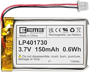 EEMB Lithium Polymer Battery 3.7V 150mAh 401730 Lipo Rechargeable Battery Pack with Wire Molex 1.25mm Connector for Speaker and Wireless Device- Confirm Device & Connector Polarity Before Purchase Eemb