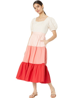 Color-Block Puff Sleeve Tiered Dress English Factory