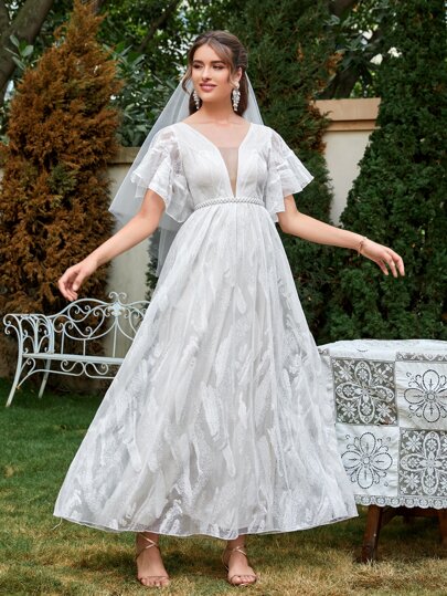 SHEIN с рукавами-бабочками кружевной Свадебное платье без пояса & Фата SHEIN