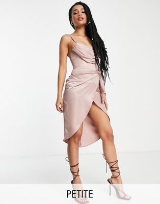  First Distraction The Label Petite satin midi dress with wrap skirt in blush  First Distraction Petite