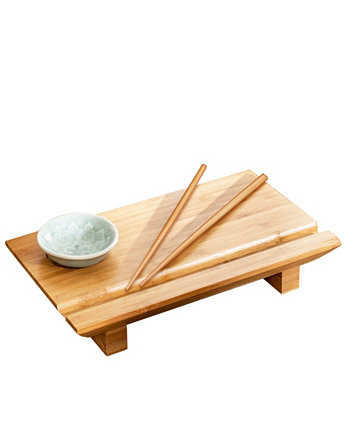 3pc Burnished Real Sushi Board Set. 3pc set includes a real sushi board, ceramic soy sauce dish, pair of chopsticks. JOYCE CHEN
