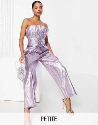 Collective the Label Petite ruched waist bandeau metallic jumpsuit in pewter Collective The Label Petite