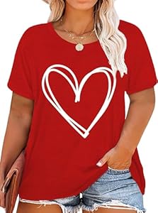 Plus Size Valentines Shirts for Women Heart Print Graphic Tees Teacher Valentine Shirt Casual Tops QAUN