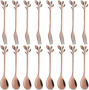 AnSaw 16-Pc Black Mini Leaf Coffee Spoons & Dessert Forks - 4.7" Stainless Steel Cutlery for Tea, Appetizers, Tasting - Party, Charcuterie, Cocktails AnSaw