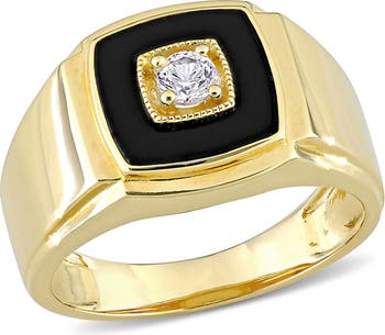 Мужское кольцо с черным ониксом и созданным белым сапфиром Delmar