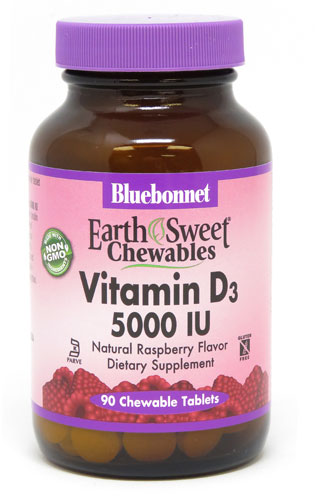 Витамин D3, Натуральная малина, EarthSweet® - 5000 МЕ - 90 жевательных таблеток - Bluebonnet Nutrition Bluebonnet Nutrition