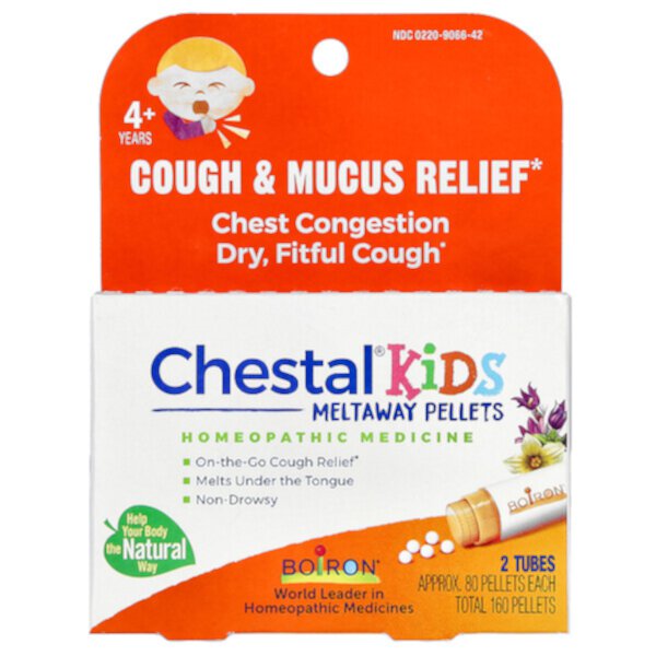 Chestal Kids Meltaway Pellets, средство от кашля и слизистой, от 4 лет, 2 тюбика, прибл. 80 гранул каждый Boiron
