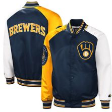 Мужская стартерная темно-синяя/золотая куртка Milwaukee Brewers Reliever Varsity Satin Raglan Full-Snap Starter