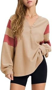 Женская Толстовка EXLURA Oversized V Neck Henley с Патчворком 2024 Цветной Блок Долгий Рукав Кнопочный Пуловер Туника EXLURA